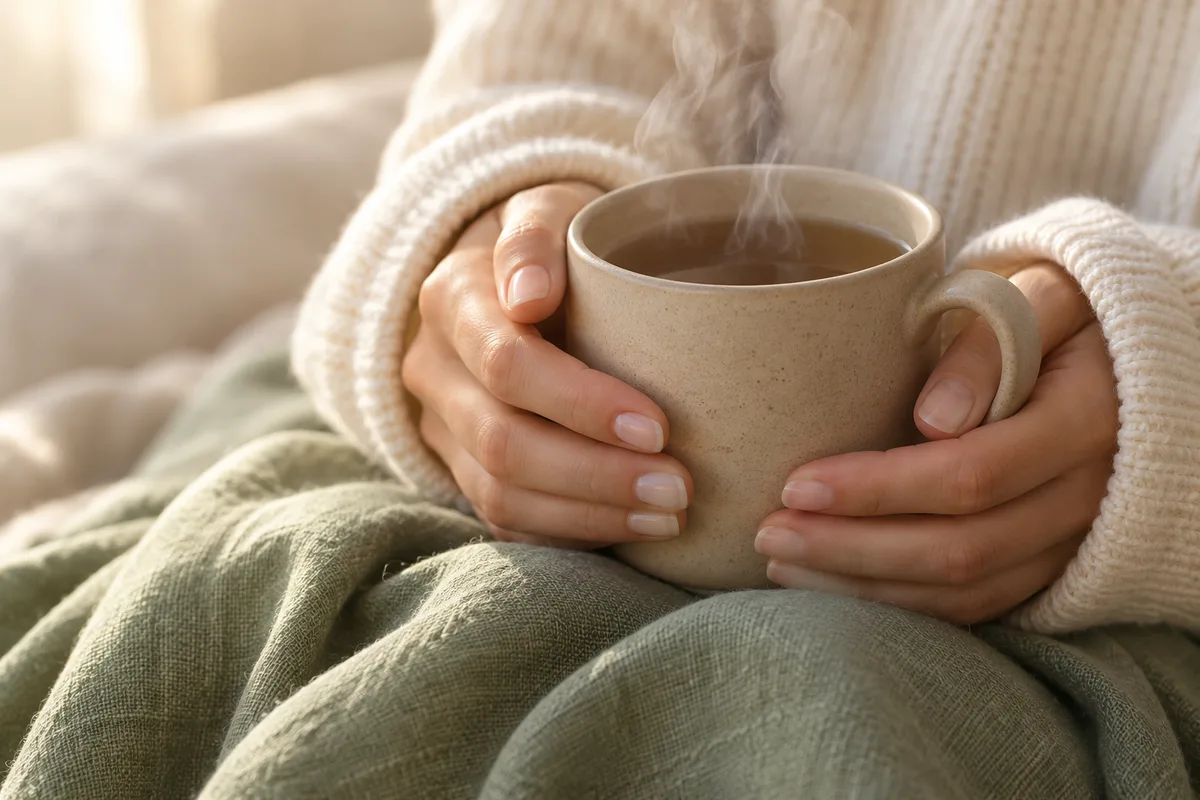 Mains d&rsquo;une jeune mère tenant une tasse chaude au-dessus d&rsquo;une couverture en lin