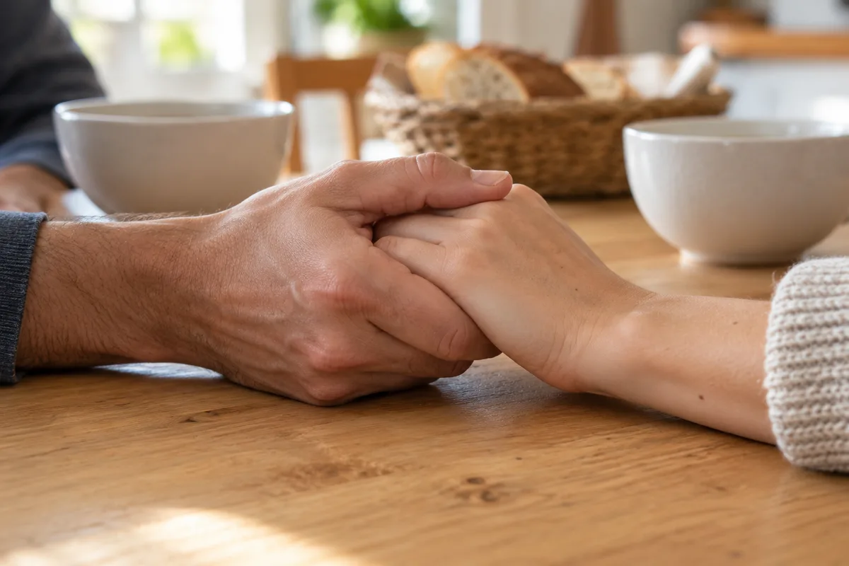 Deux mains d&rsquo;adultes qui se tiennent sur une table de cuisine en bois clair