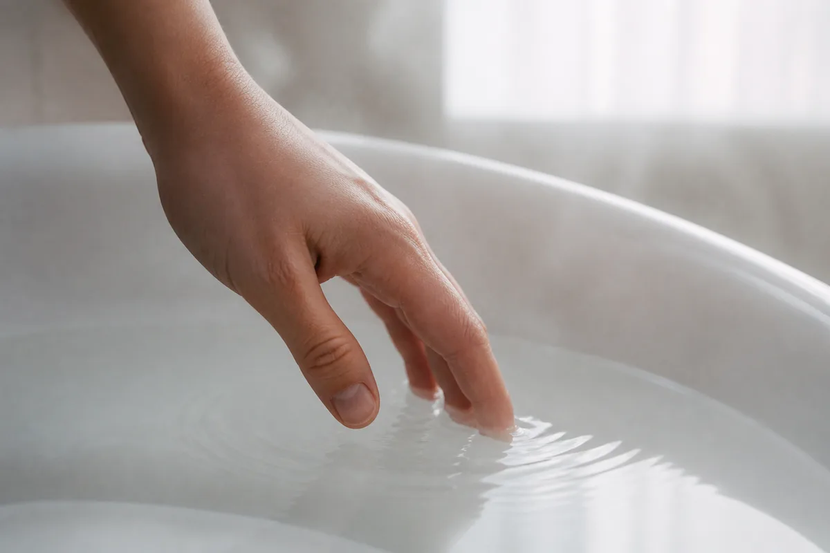 Main d’adulte qui teste l’eau d’une petite baignoire blanche du bout des doigts