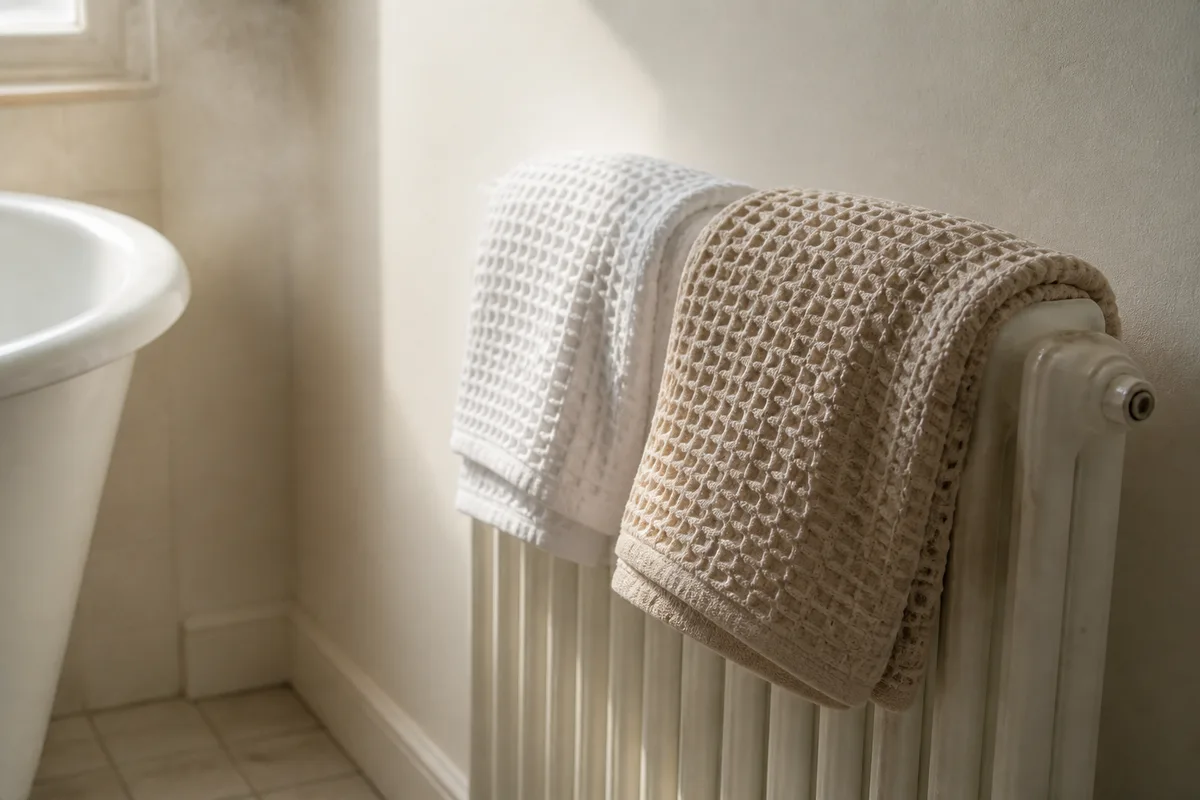 Serviettes en nid d’abeille pliées sur un radiateur dans une salle de bains claire