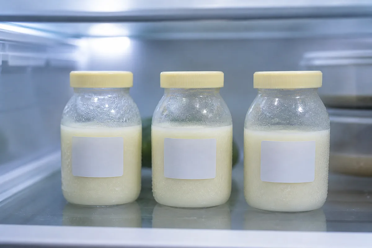 Flacons de lait maternel étiquetés et datés rangés sur une clayette de réfrigérateur