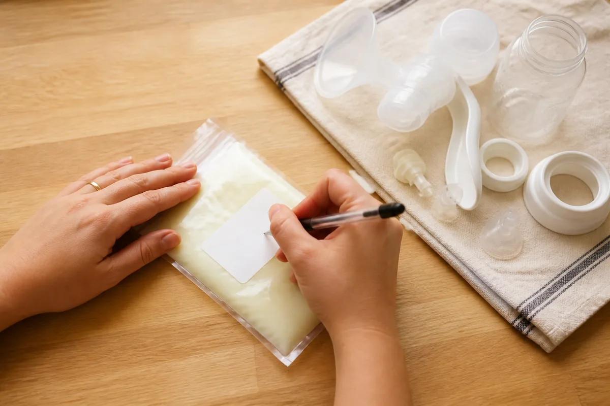 Mère qui étiquette un sachet de conservation de lait maternel avec la date du recueil