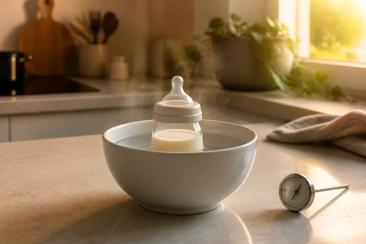 Récipient de lait maternel réchauffé au bain-marie dans un bol d’eau tiède sur un plan de travail