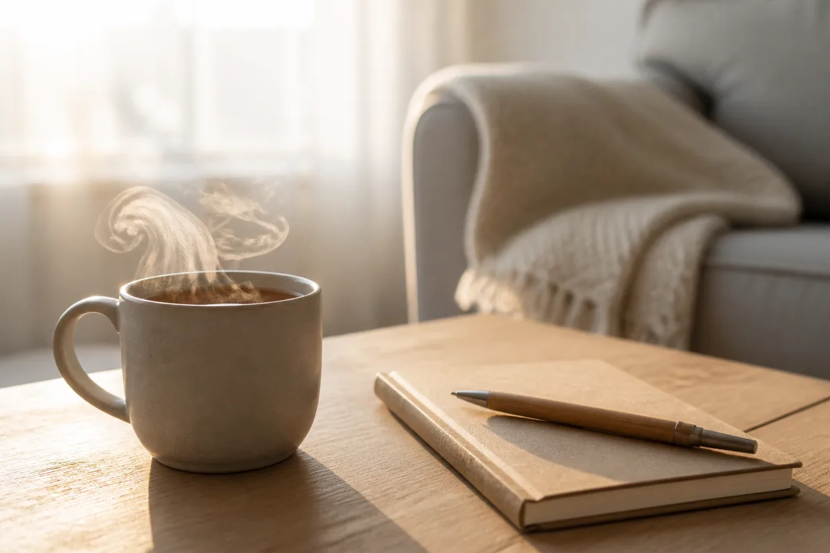 Tasse de thé fumante posée sur une table basse en bois clair