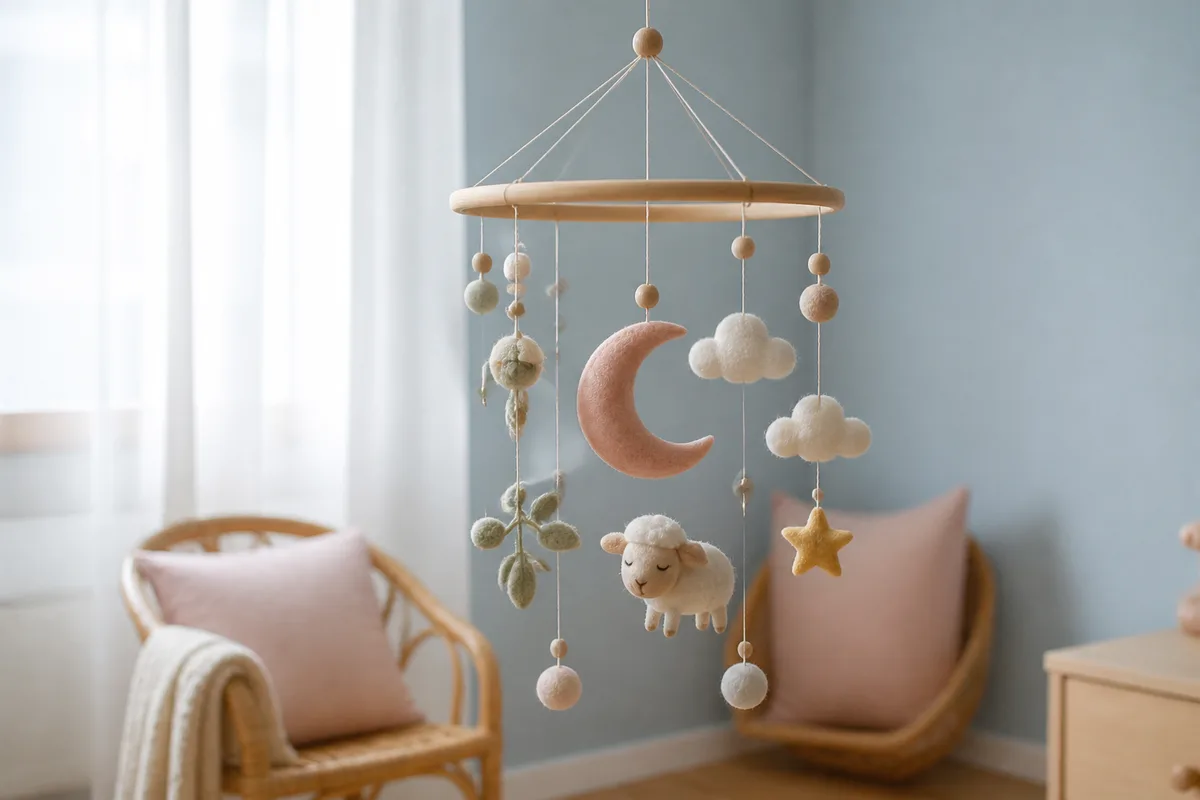 Chambre d’enfant aux tons pastel avec un mobile suspendu