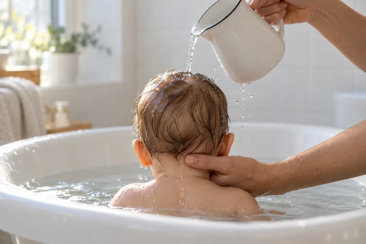 Main d’adulte versant de l’eau tiède avec une petite cruche en émail blanc sur la tête d’un bébé vu de dos dans une baignoire blanche
