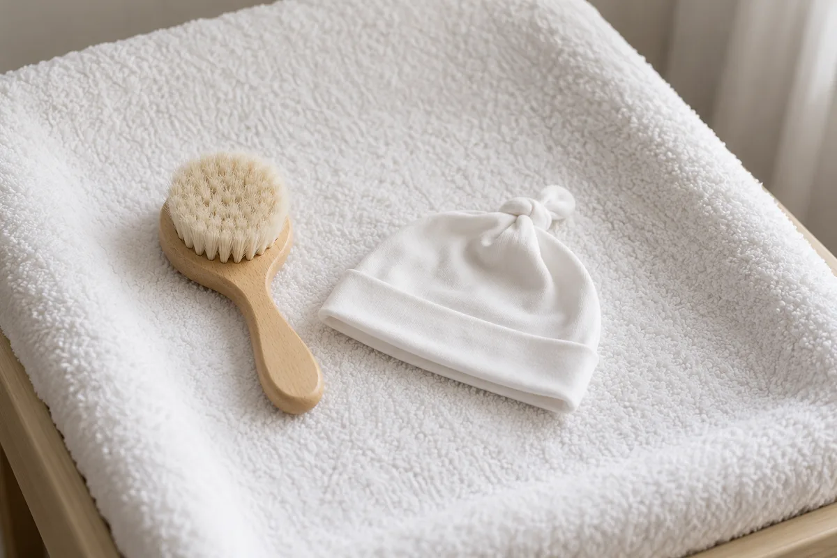 Brosse ronde à poils doux en bois clair et bonnet en coton fin blanc posés sur le matelas en éponge d’une table à langer