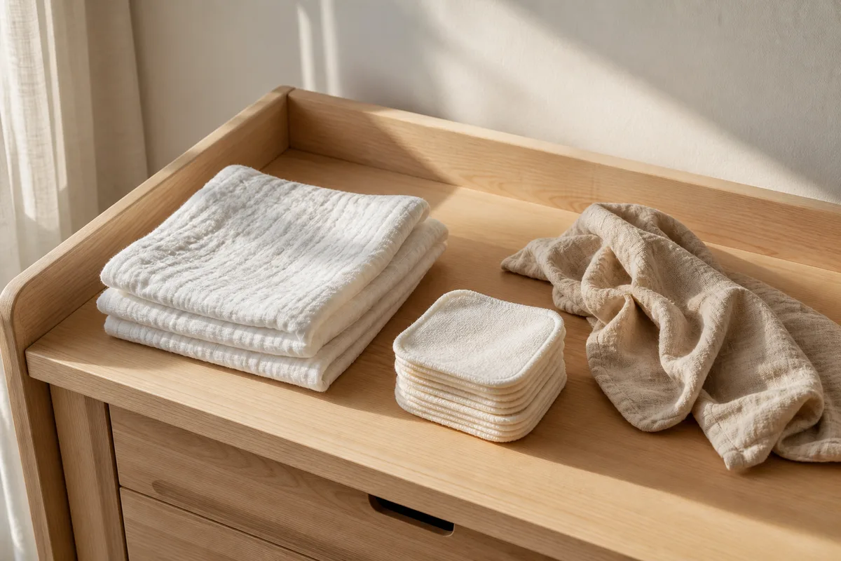 Table à langer en bois clair avec des langes en coton blanc pliés