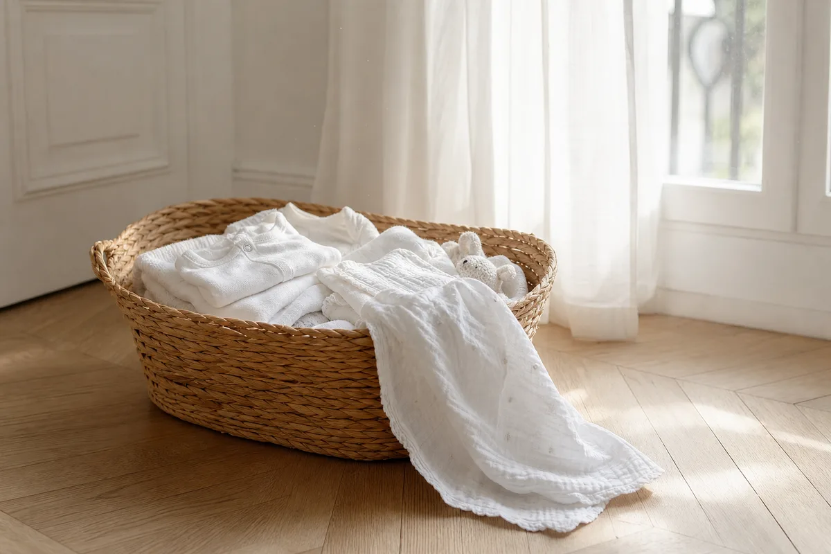Panier en osier rempli de linge de coton propre près d’une fenêtre lumineuse