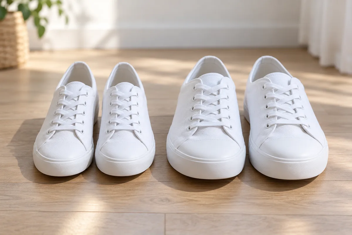 Deux paires de baskets en toile blanche unie posées côte à côte sur un parquet, l’une plus large que l’autre