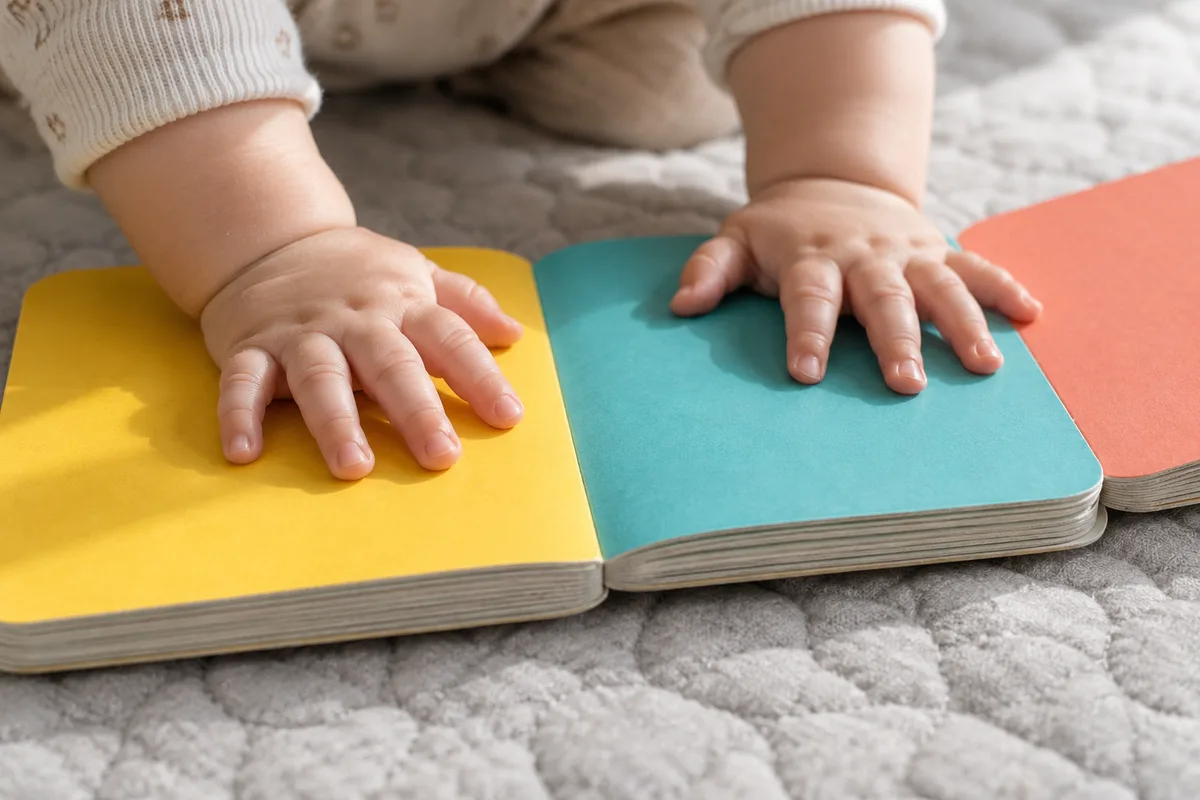 Petites mains de bébé posées sur un livre cartonné aux pages épaisses et colorées