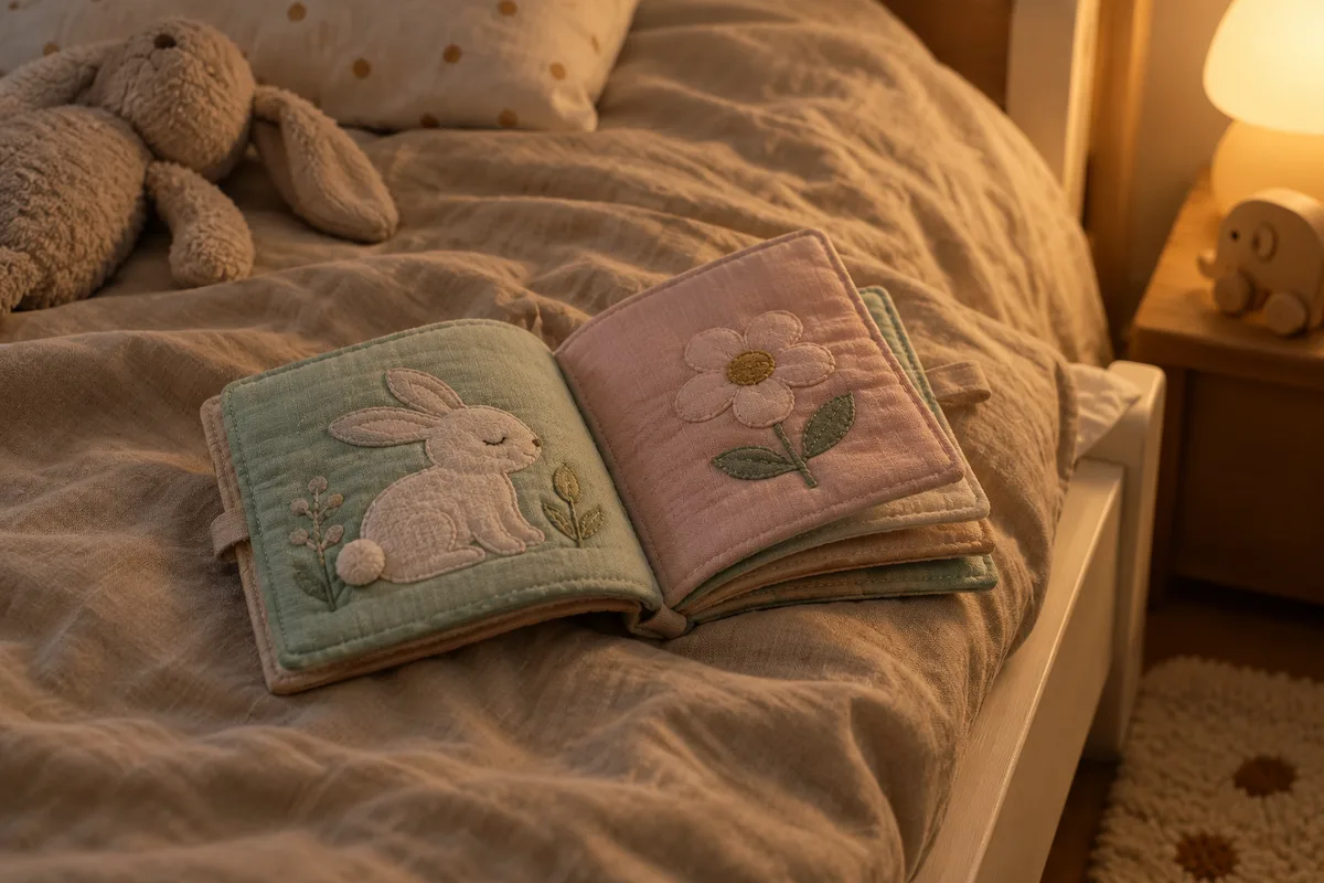 Livre en tissu doux posé sur une couverture de lin dans une lumière du soir