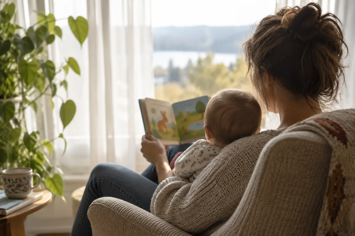 Adulte vu de dos tenant un bébé sur ses genoux près d’une fenêtre, un livre ouvert devant eux